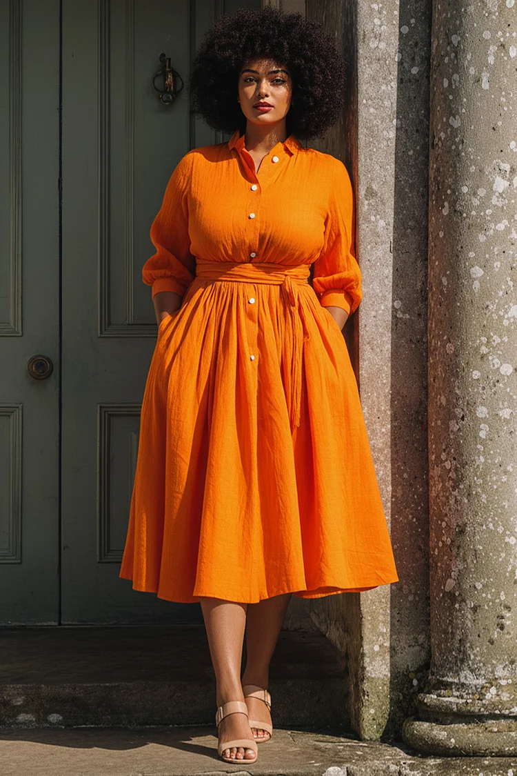 Xpluswear Design Plus Size Daily Orange Shirt Collar Lantern Sleeve 3/4 Sleeve Pocket Button Linen Shirt Dresses [Pre-Order] 2024 - Xpluswear