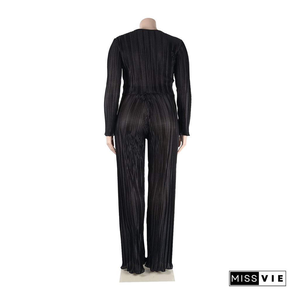 Pleated Loose Blouse Crop Top Wide Leg Pants Outfits