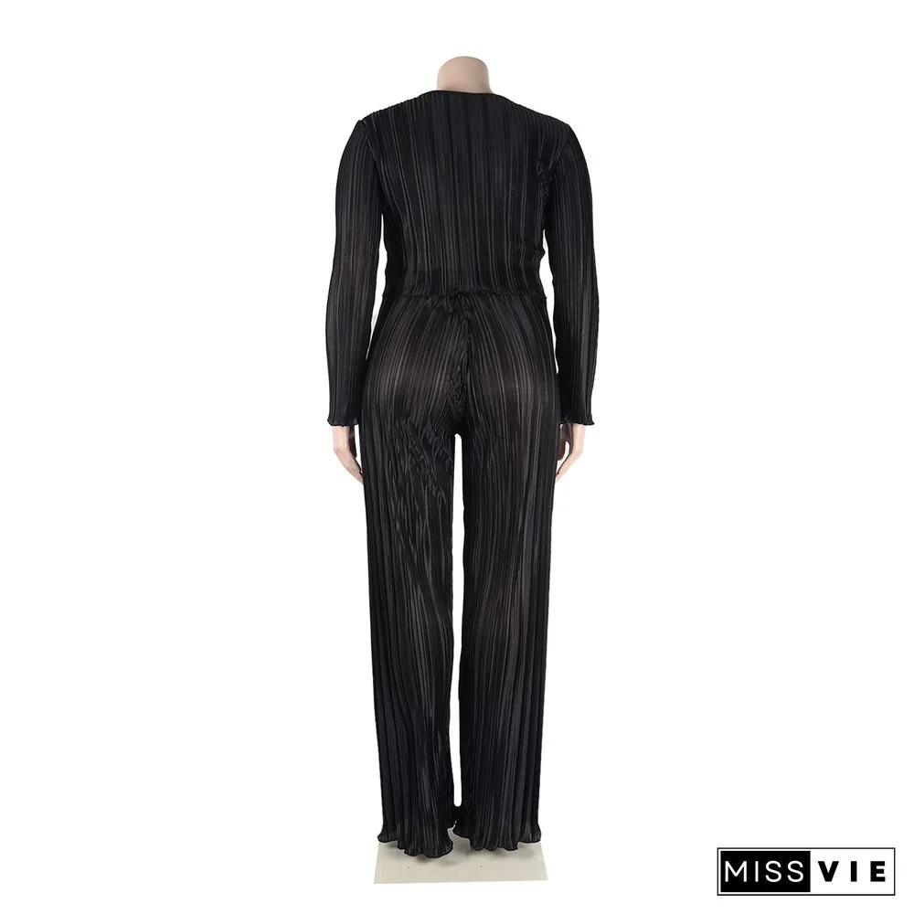 Pleated Loose Blouse Crop Top Wide Leg Pants Outfits