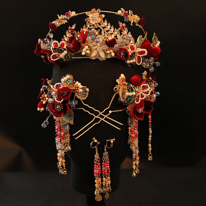Red Vintage Chinese Phoenix Crown Bridal Pearl Velvet Flower Tassel Cheongsam Headdress Set