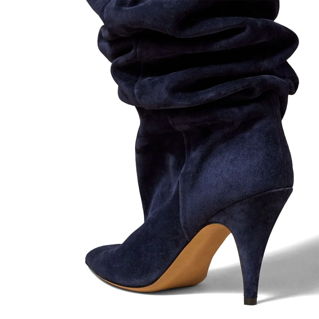 Dark Blue Faux Suede Pointed Toe Fashionable Silhouette Booties