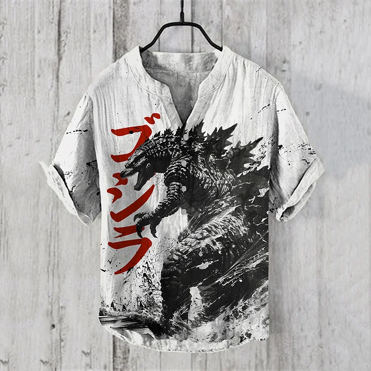 Japanese Godzilla Ink Art Print Henry Collar Shirt