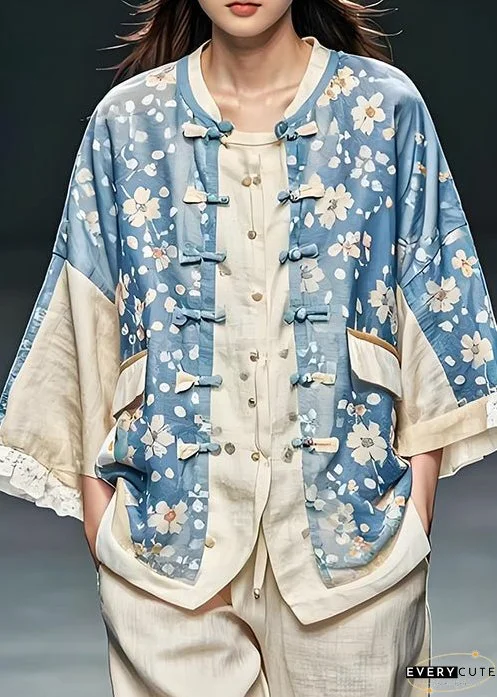 Women Blue Print Chinese Button Patchwork Cotton Coats Fall