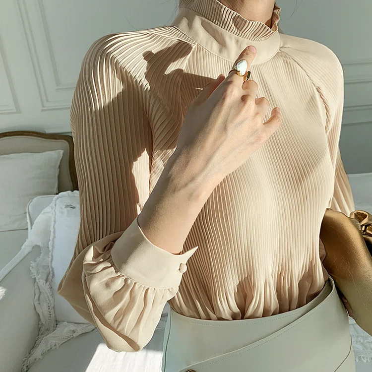 Elegant Solid Color Stand Collar Pleated Micro Transparent Lantern Sleeve Blouse 