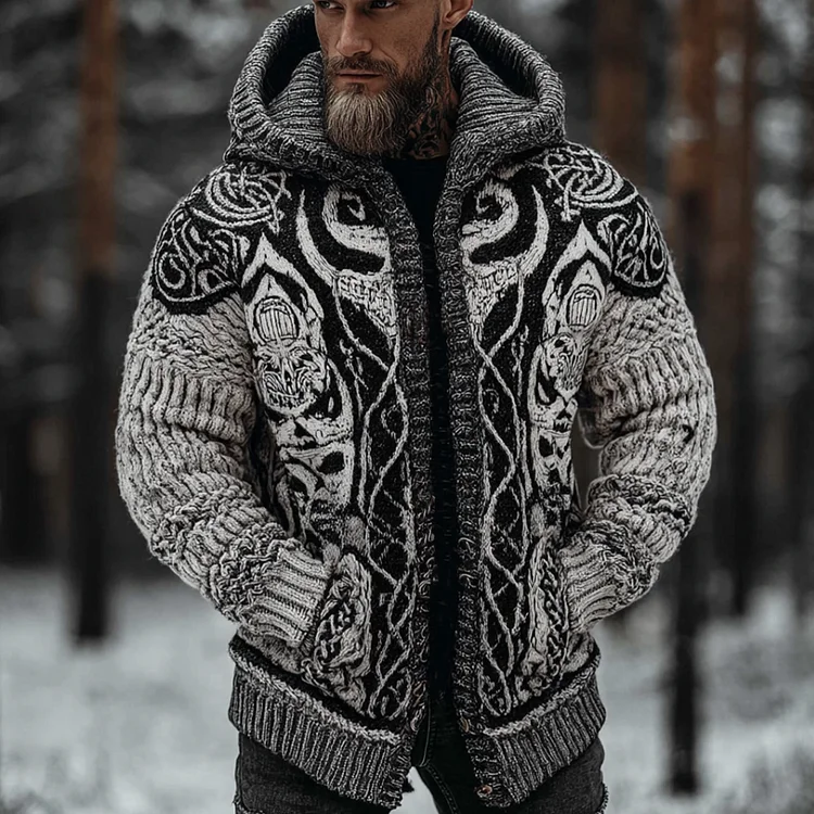 Viking Style Winter Men's Warm Hooded Knit Sweater Jacket