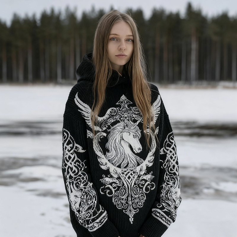 Women's Retro Pegasus And Celtic Knot Comfortable Hooded Sweater elevenforest