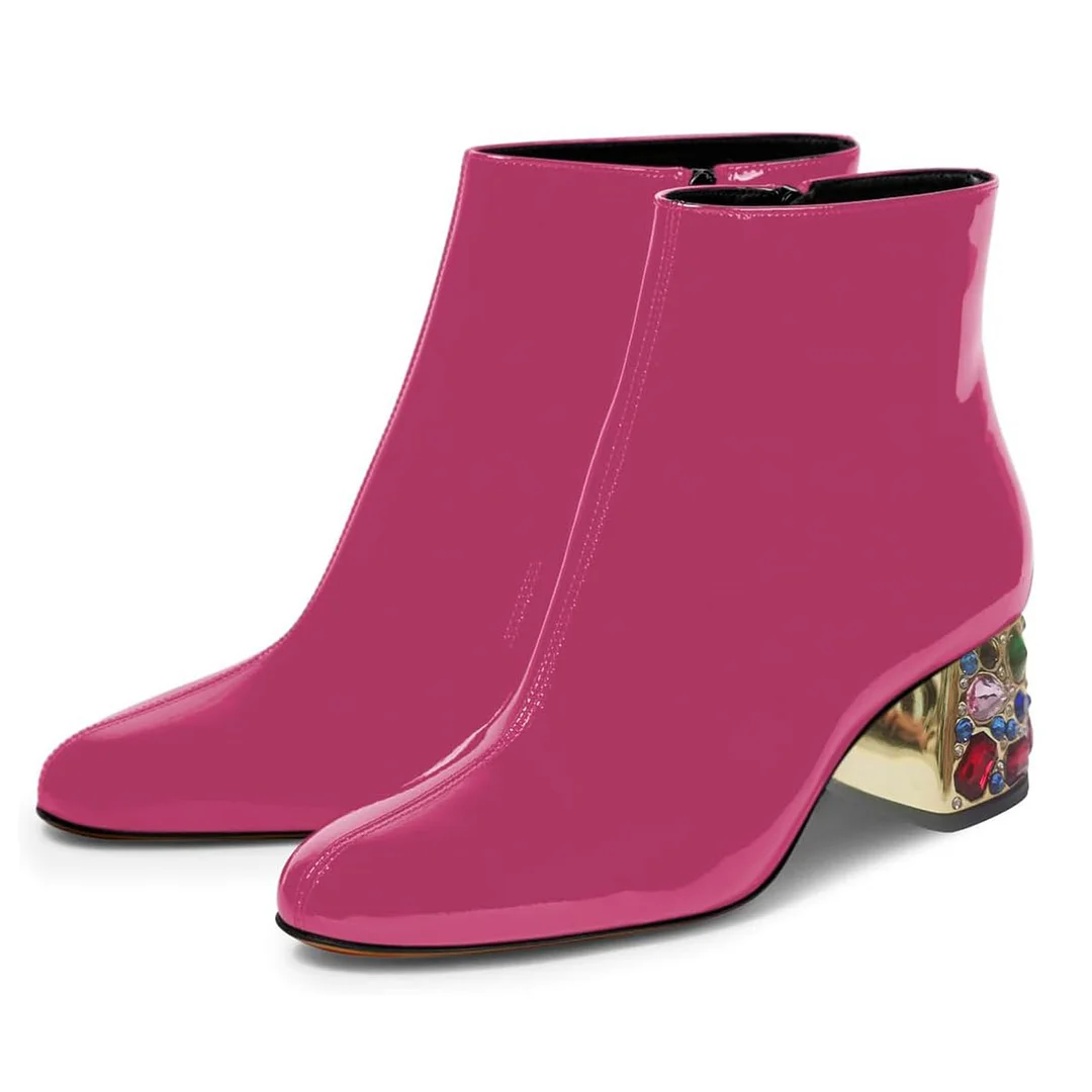 Fuchsia Patent Round Toe Zipper Rhinestone Block Heeled Ankle Boots