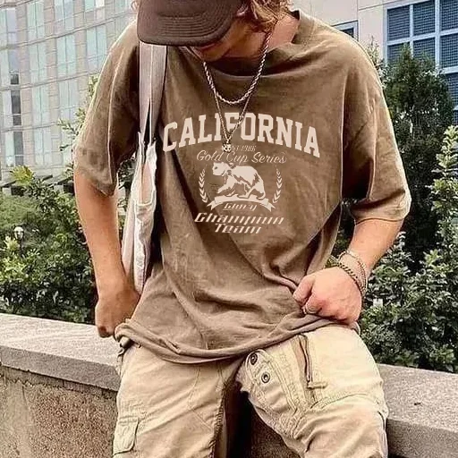 Men's Casual Loose American Street Retro Brown Print Short Sleeve T-Shirt