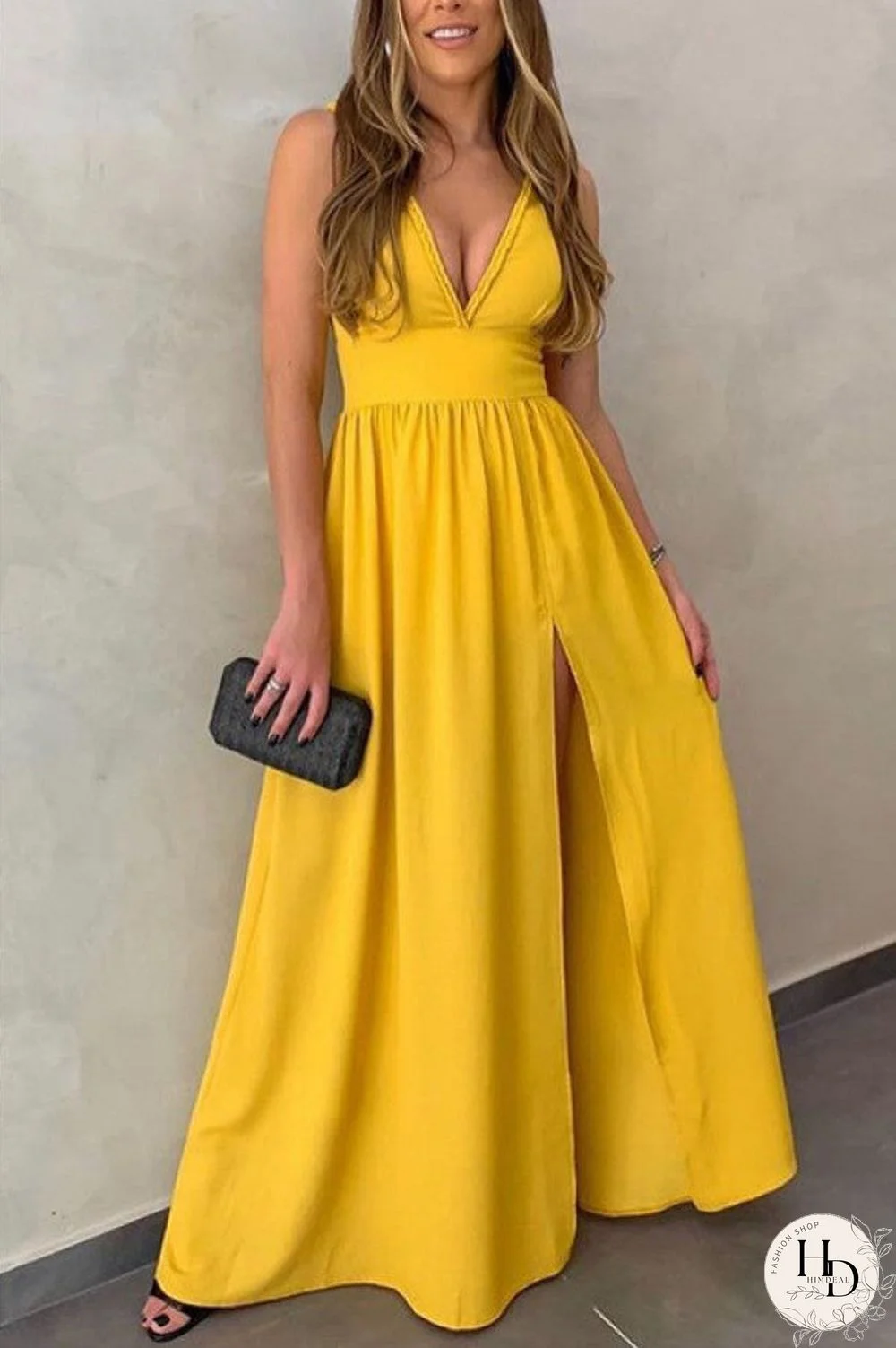 Yellow Deep V-neck Sleeveless Slit Dress