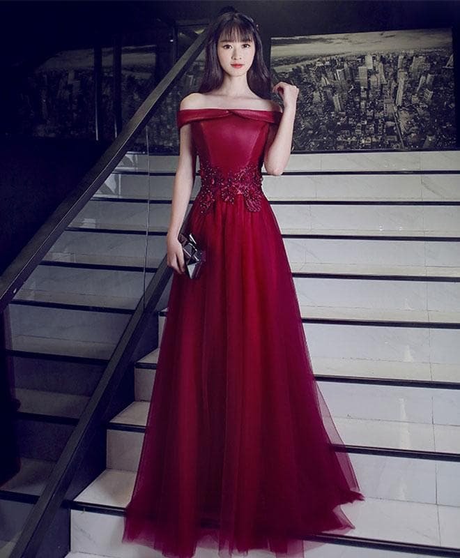Burgundy Lace Long Prom Dress