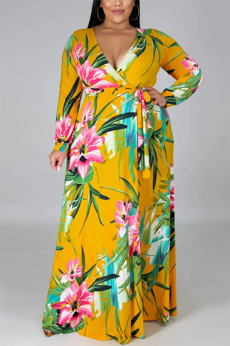 Yellow Fashion Sexy Plus Size Print Slit V Neck Printed Dress | EGEMISS