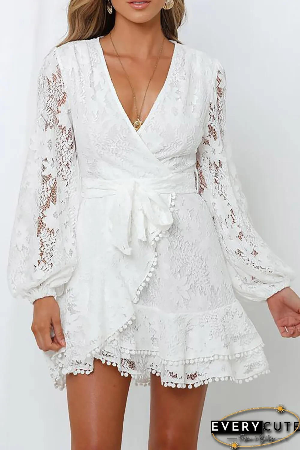 White Wrap V Neck Lace Bubble Sleeve Mini Dress