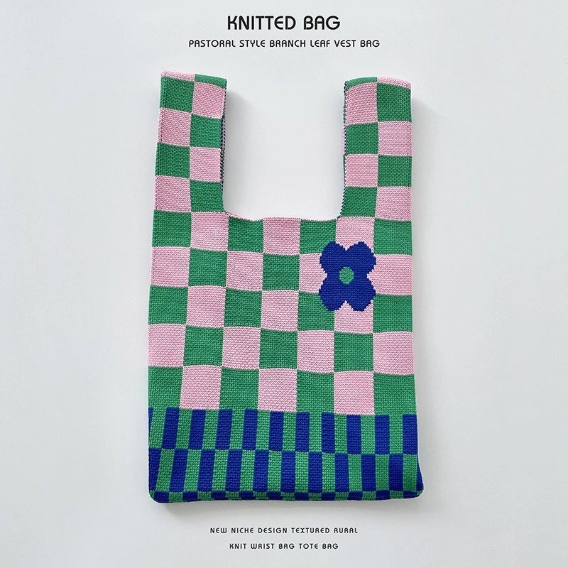 Women’s Medium Knit Letter Flower Cute Vintage Style Square Open Handbag