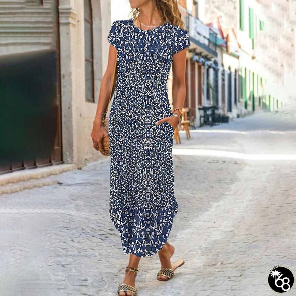 Royal Blue White Floral Print Round Collar Maxi Dress | 168DEAL