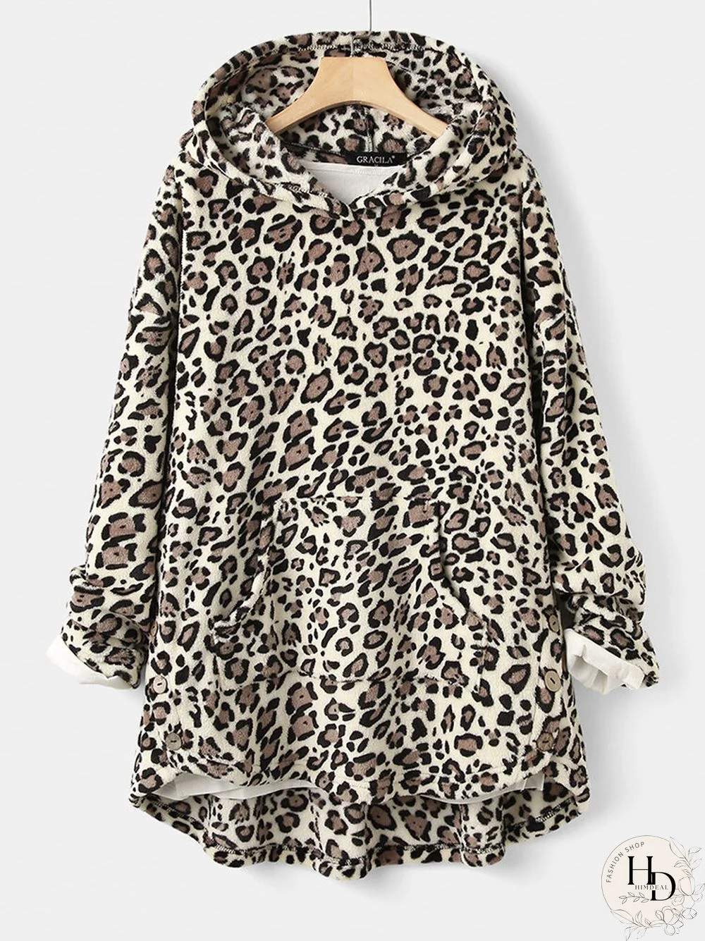 Leopard Print Fleece Irregular Plush Hoodie For Women