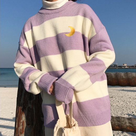 Pink/Purple/Black Kawaii Stripe Moon Sweater SP13290