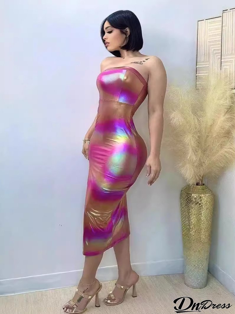 Women Clothing Features Shiny Gradient Pu-Leather High Slit Chest Wrap Dress