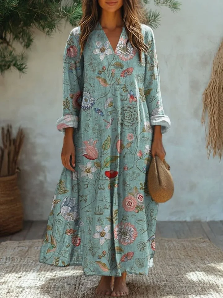 Vintage Floral And Vine Pattern Printed Women's Flowy Dress