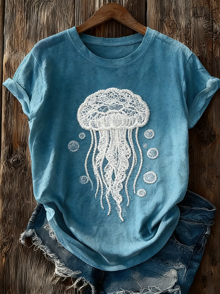Marine Jellyfish Lace Patchwork Pattern Casual Washed T-shirt wearshes