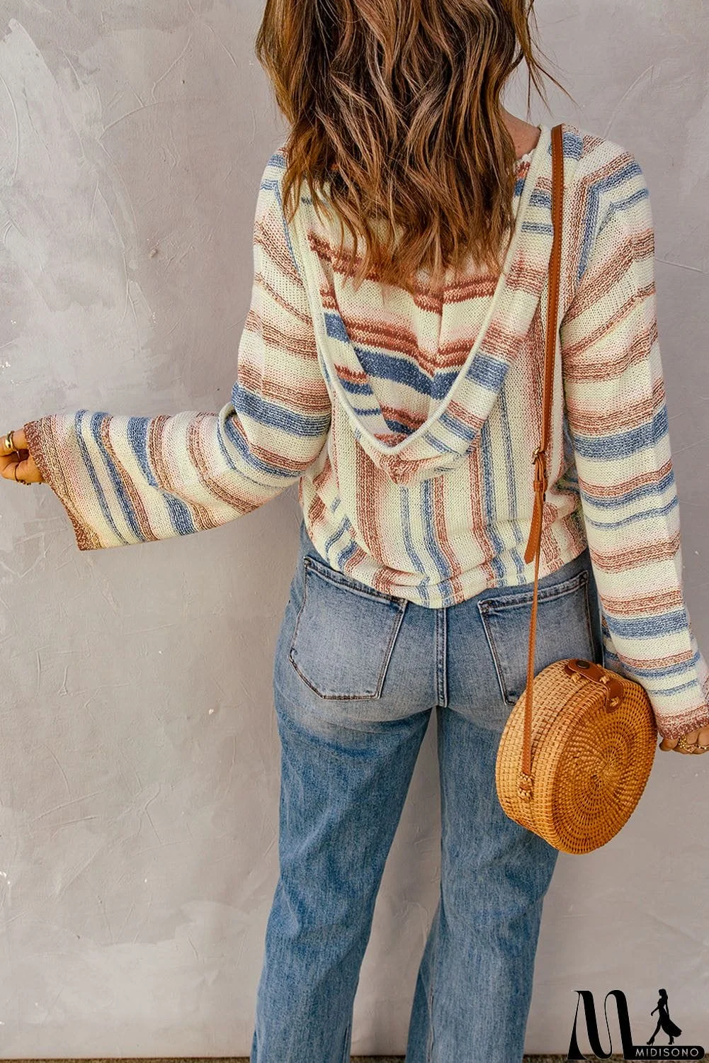 MidiSono - color Striped Knit Kangaroo Pocket Hooded Sweater