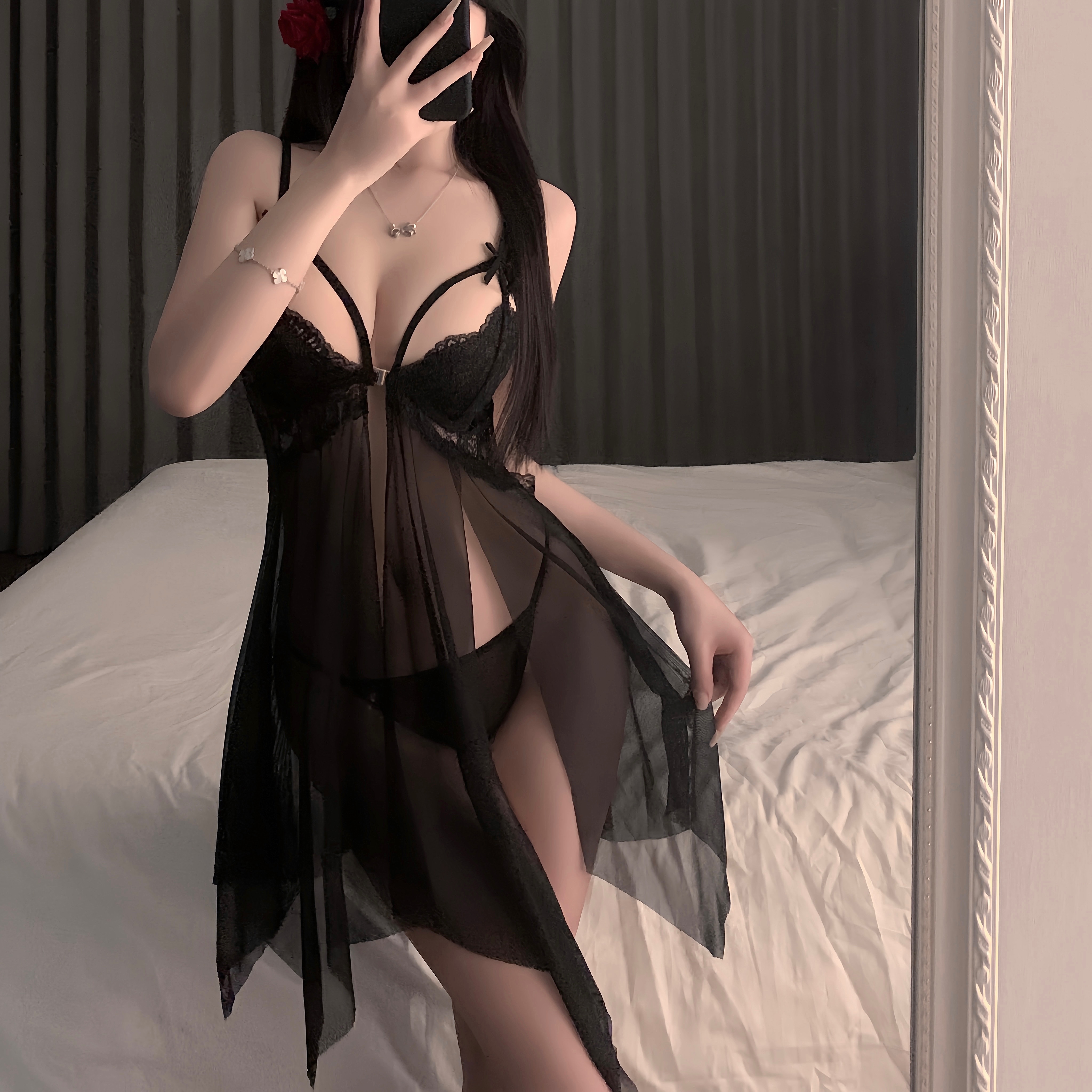 Lovingerie - Front Sexy Slip Dress Mesh Lace Bow Nightdress