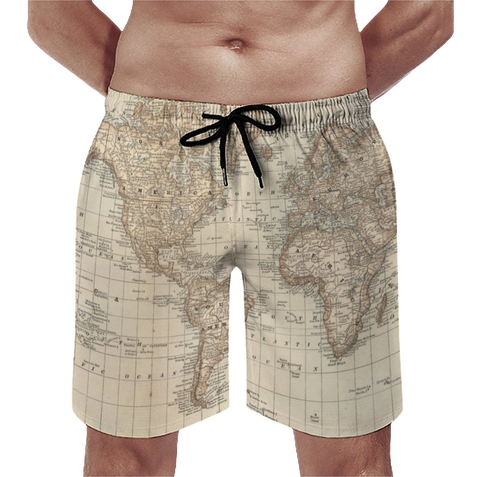 Map Of The World Elegant Men's Swim Trunks Summer Board Shorts Quick Dry Beach Short with Pockets