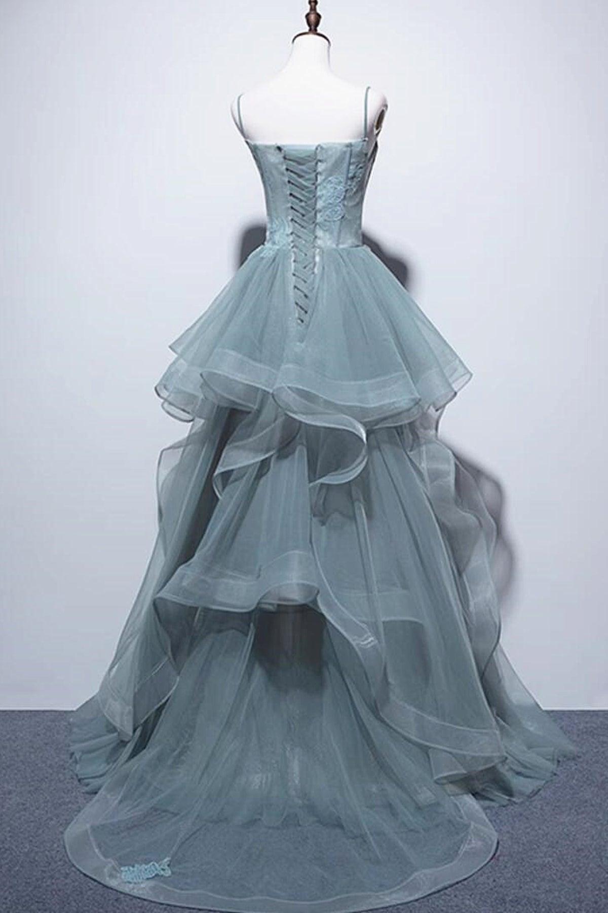 Oknass Spaghetti Strap Tulle Sleeveless Long Ruffles Prom Dress With Appliques