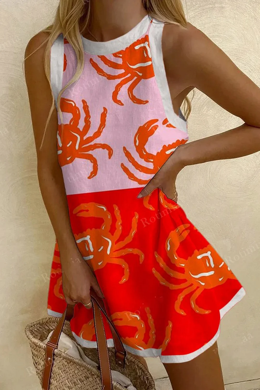 Large Crab Colorblock Printed Sleeveless Dress