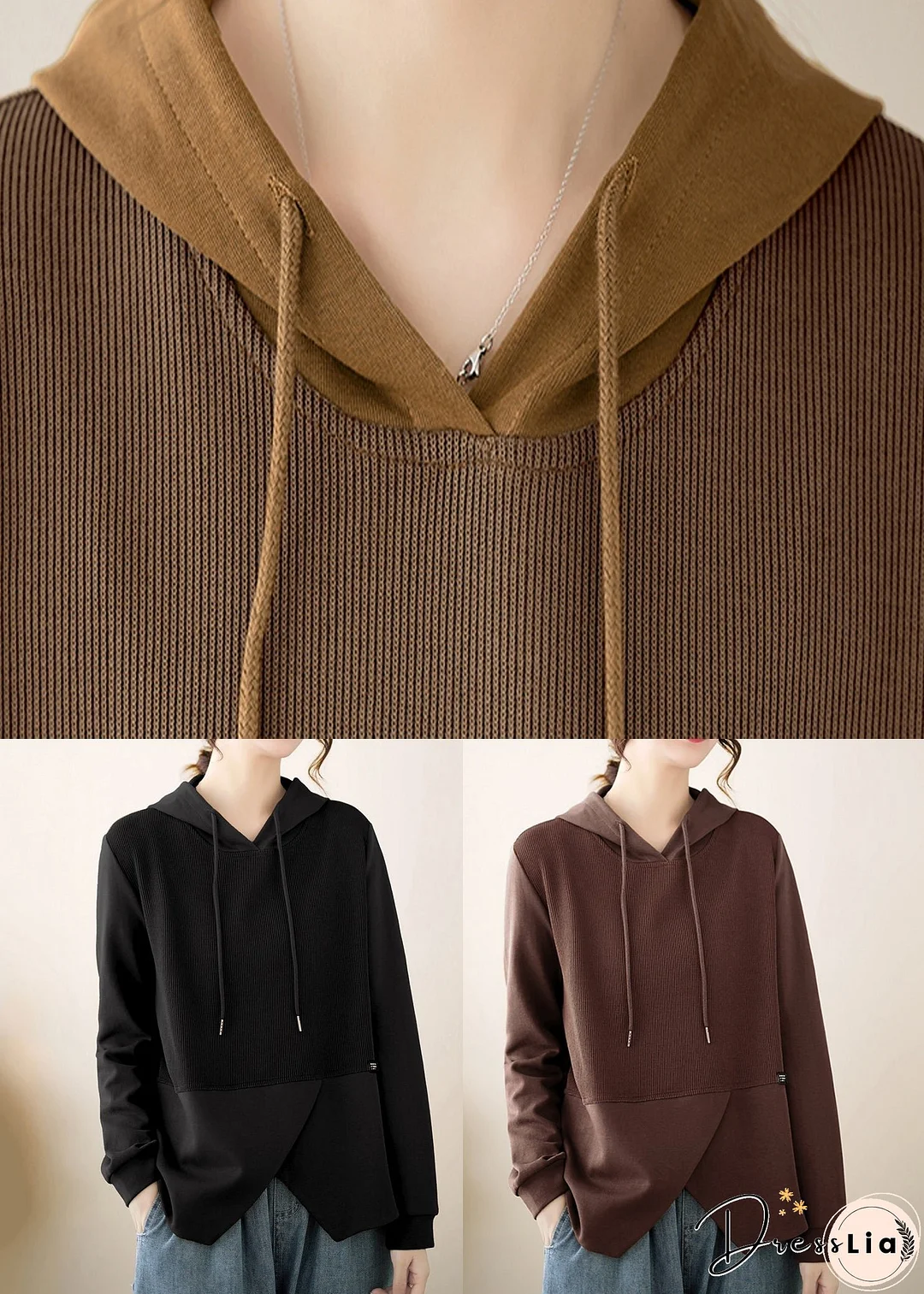 Women Coffee Asymmetrical Ruffled Patchwork Cotton Hooded Top Fall