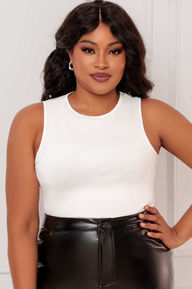 Xpluswear Design Plus Size White Casual Round Neck Sleeveless Tank Tops 