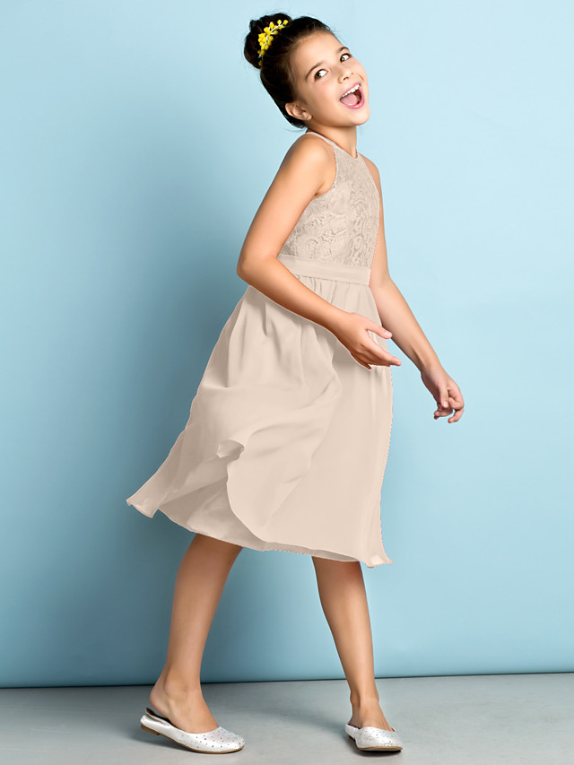 Daisda A-Line Jewel Neck Knee Length  Flower Girl Dress With Lace 