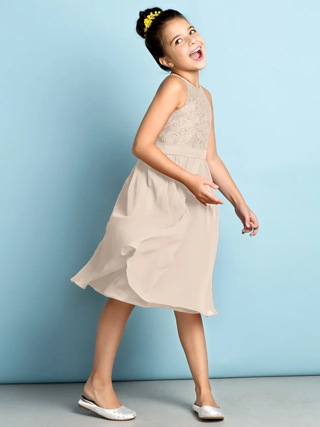 Daisda A-Line Jewel Neck Knee Length  Flower Girl Dress With Lace 