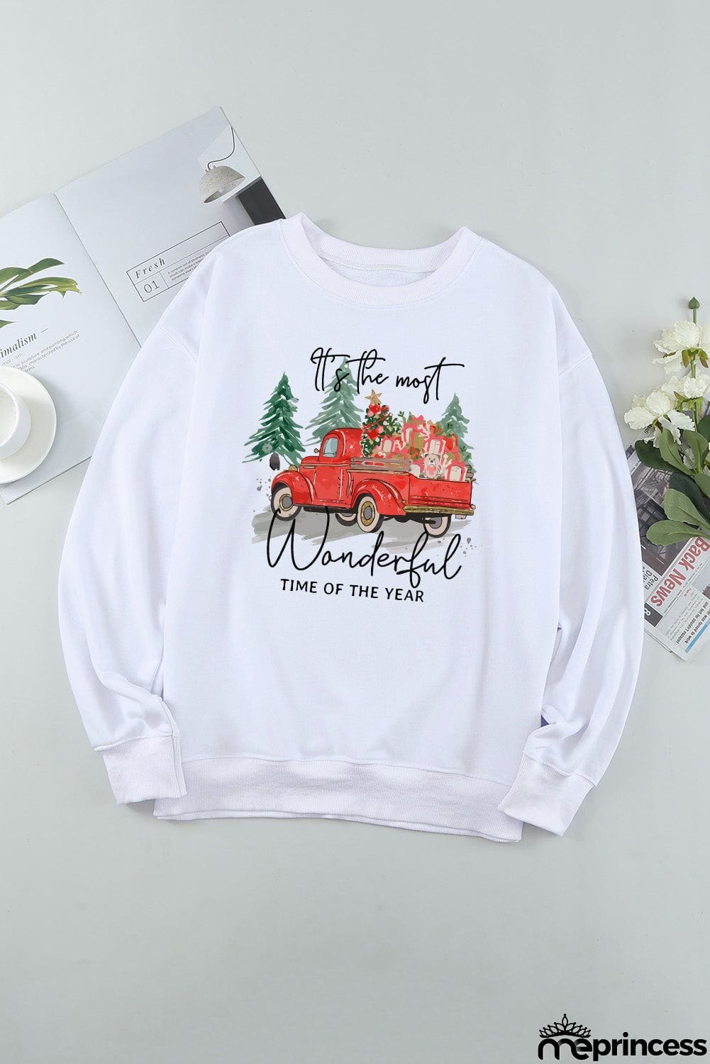 Christmas Truck Letter Graphic Print Pullover Sweatshirt