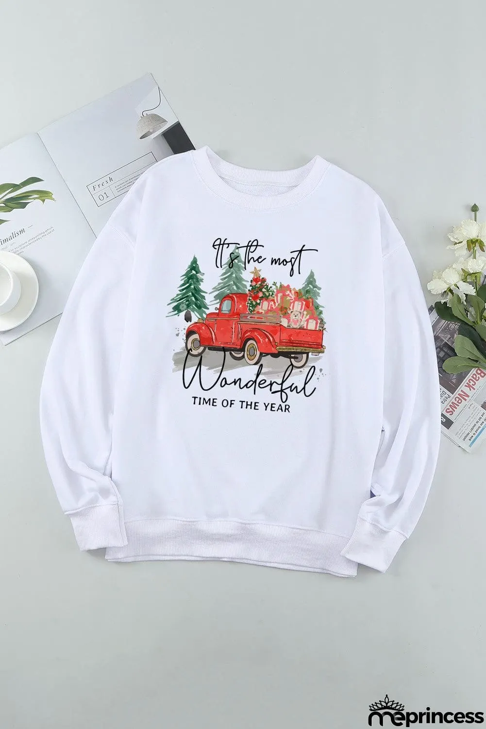 Christmas Truck Letter Graphic Print Pullover Sweatshirt