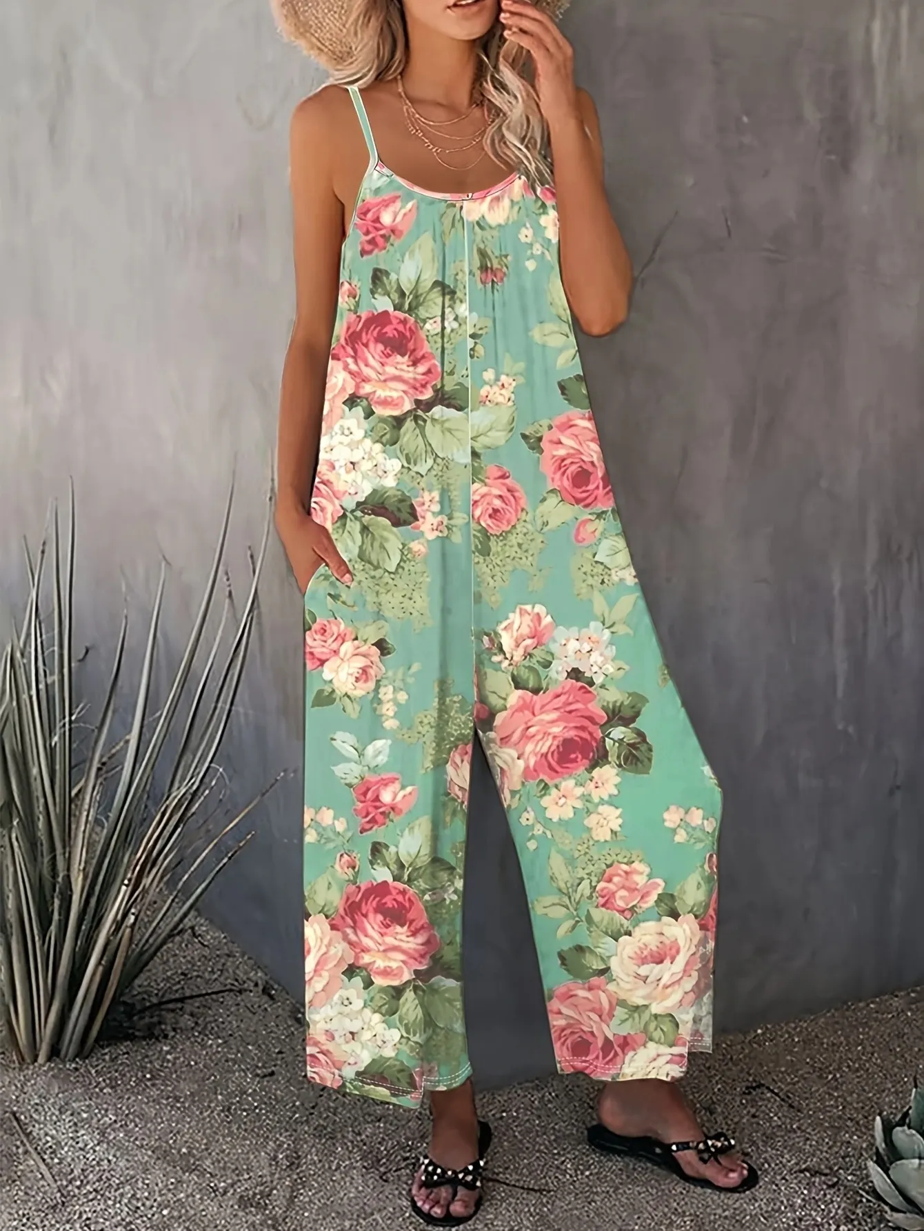 Womens Summer Floral Print Jumpsuit With Pockets Lightweight Stretchy Polyester-Spandex | IFYHOME