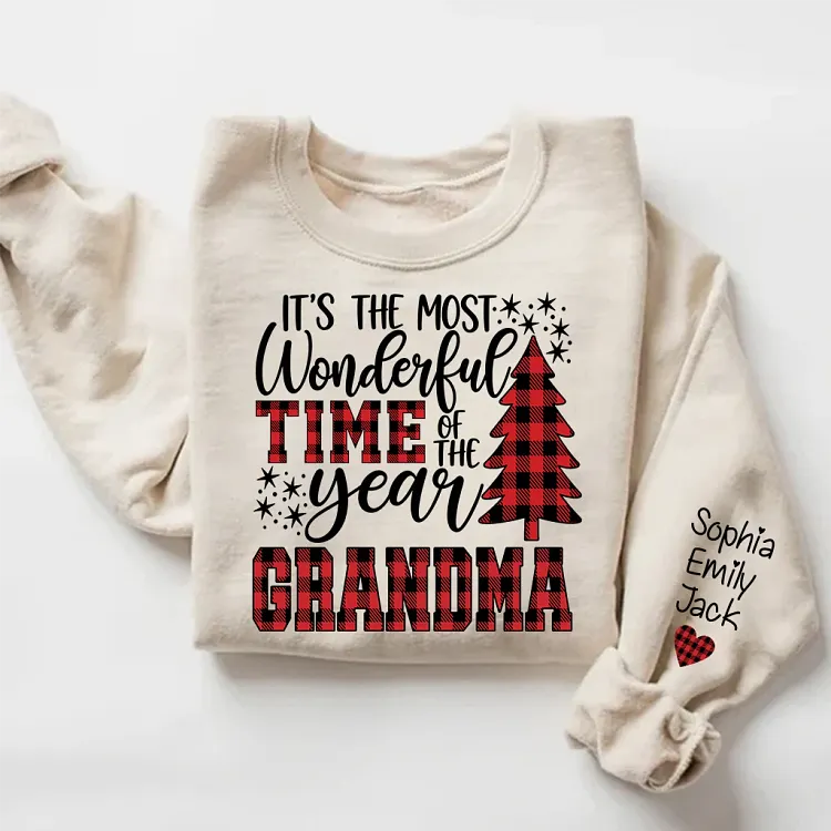 Personalized It's the Most Wonderful Time of the Year Grandma Christmas Sweatshirt, Custom Kids Names, Plaid Christmas Tree Gift For Grandma