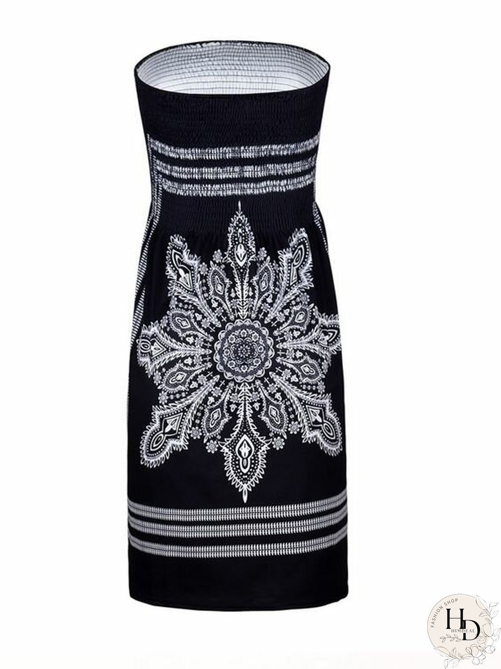 Tribal Print Shirring Strapless Sexy Midi Tube Dress
