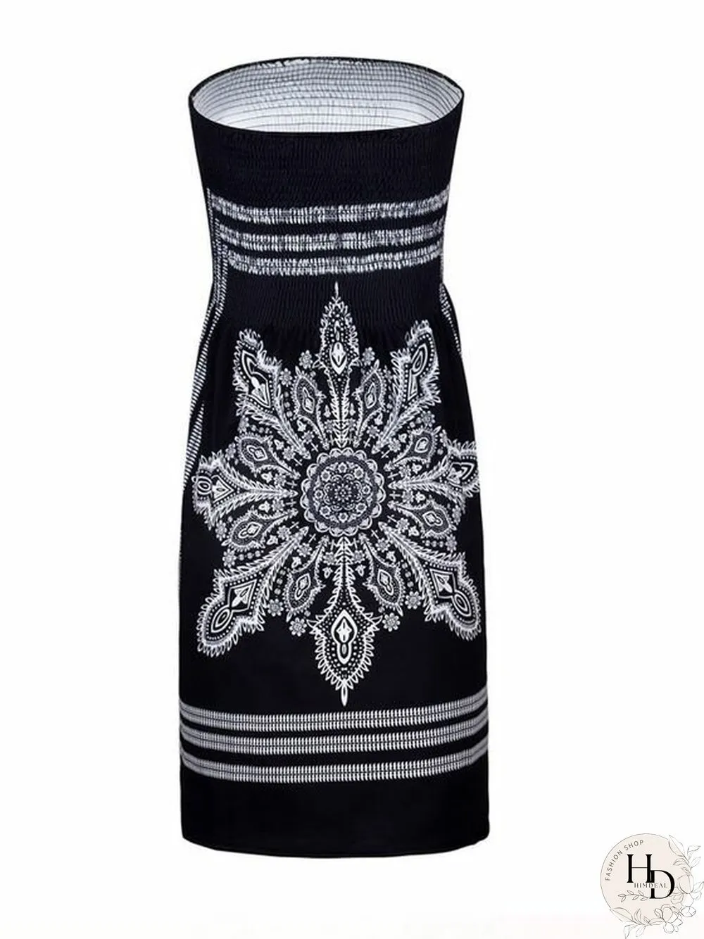 Tribal Print Shirring Strapless Sexy Midi Tube Dress