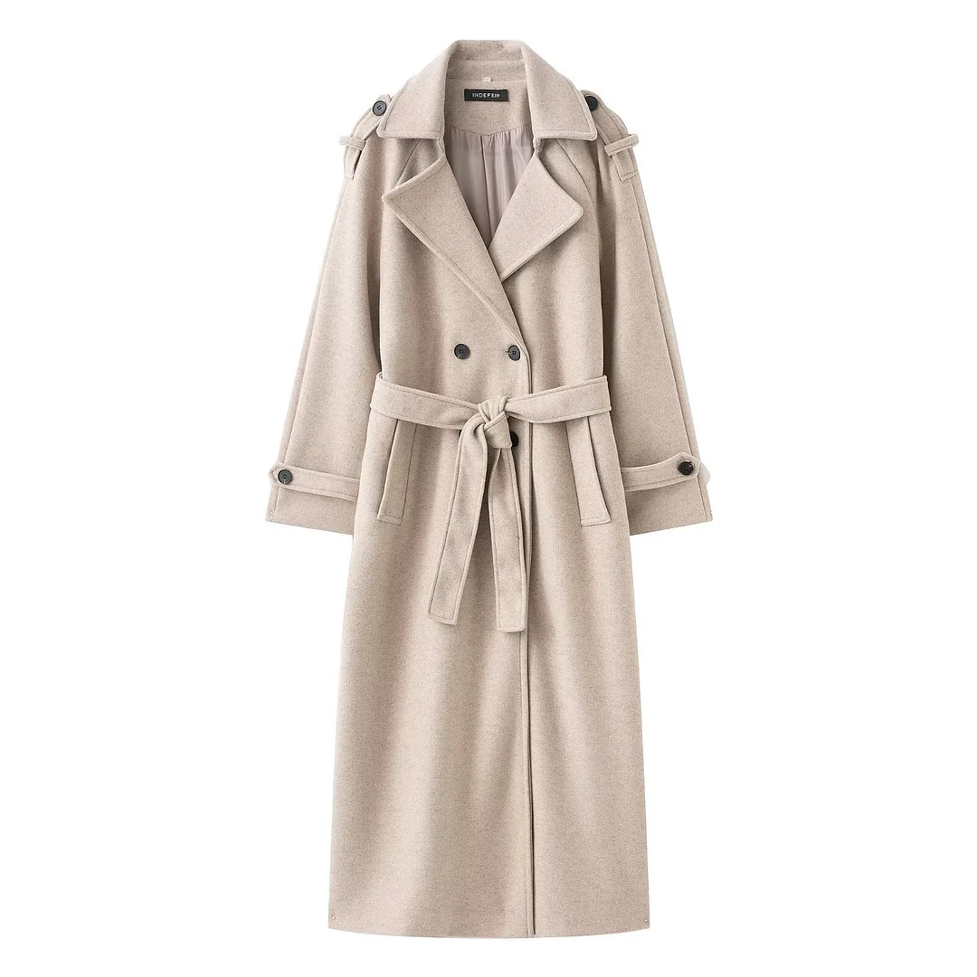 Nigikala Nigikala Autumn New Female Retro Leisure Double Buckle With Belt Long Hair Coat