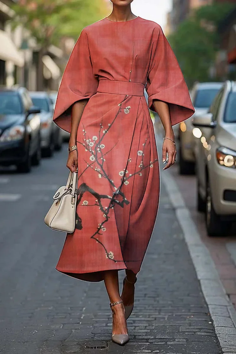 Women's Retro Elegant Japanese Simple Plum Blossom Print Midi Dress