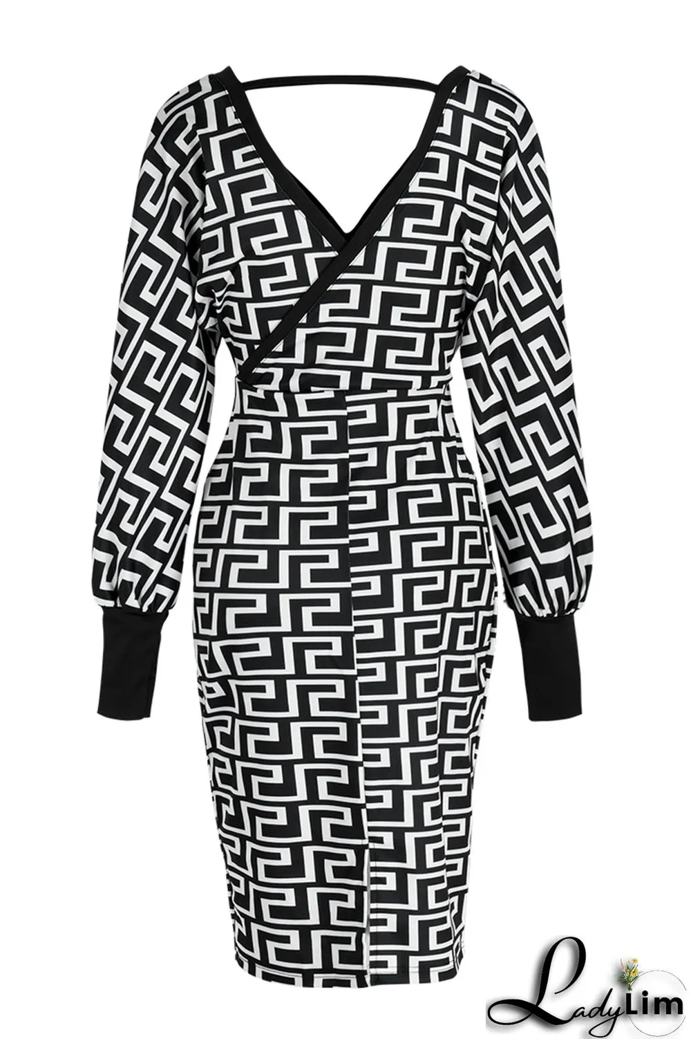 Black White Fashion Casual Print Patchwork V Neck Long Sleeve Dresses