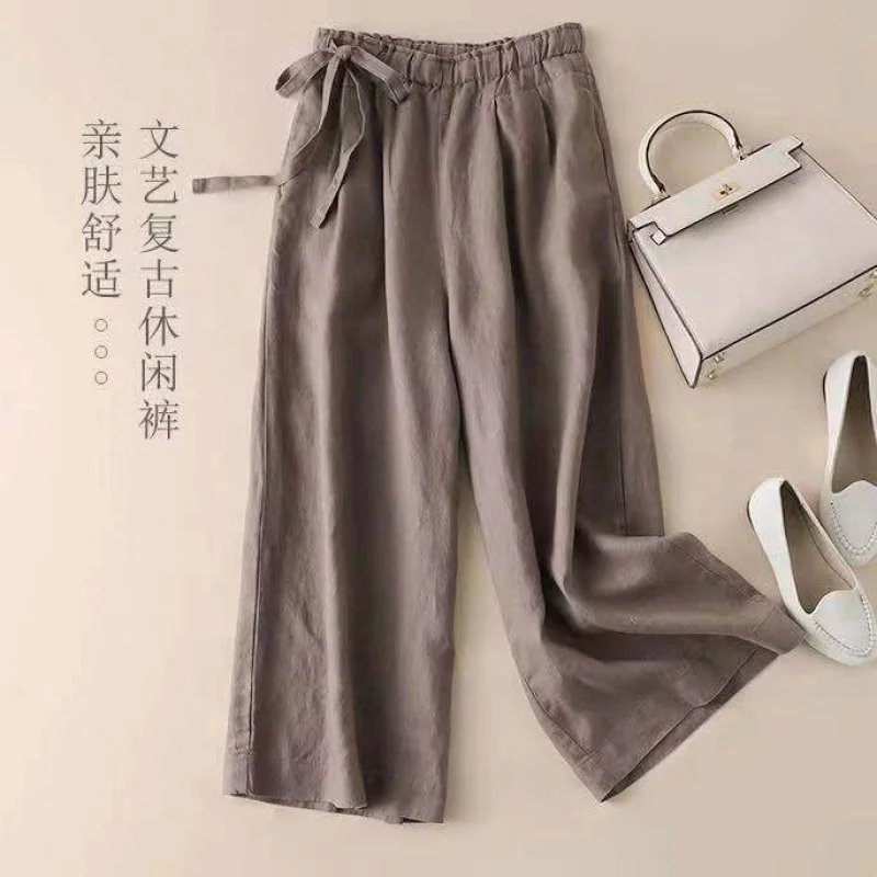 Uveng Uveng Broad Leg Trousers Women's Summer Cotton And Thin High-Waisted Side Lace With Retro Art Tight Leisure Pants Women Loose