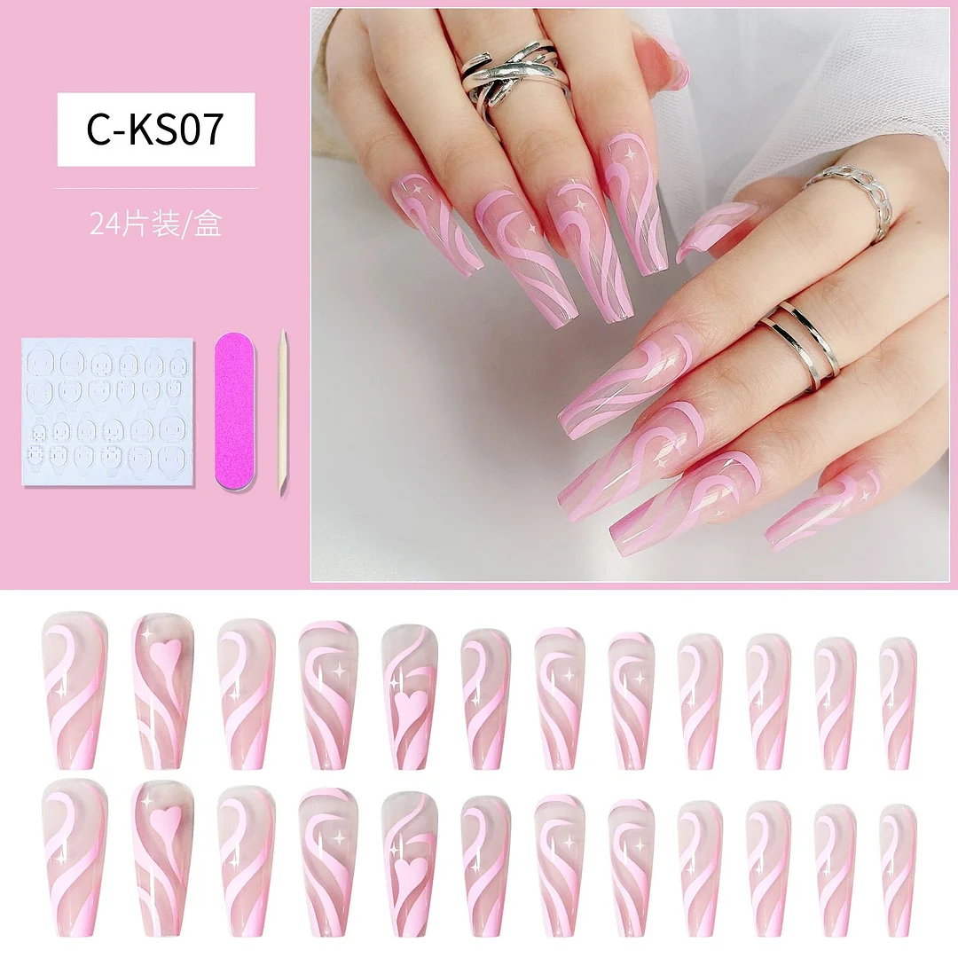 24pcs Detachable Extra Long Coffin False Nails Stick-on nails French Ballerina Fake Nails Full Cover Nail Tips Press On Nails