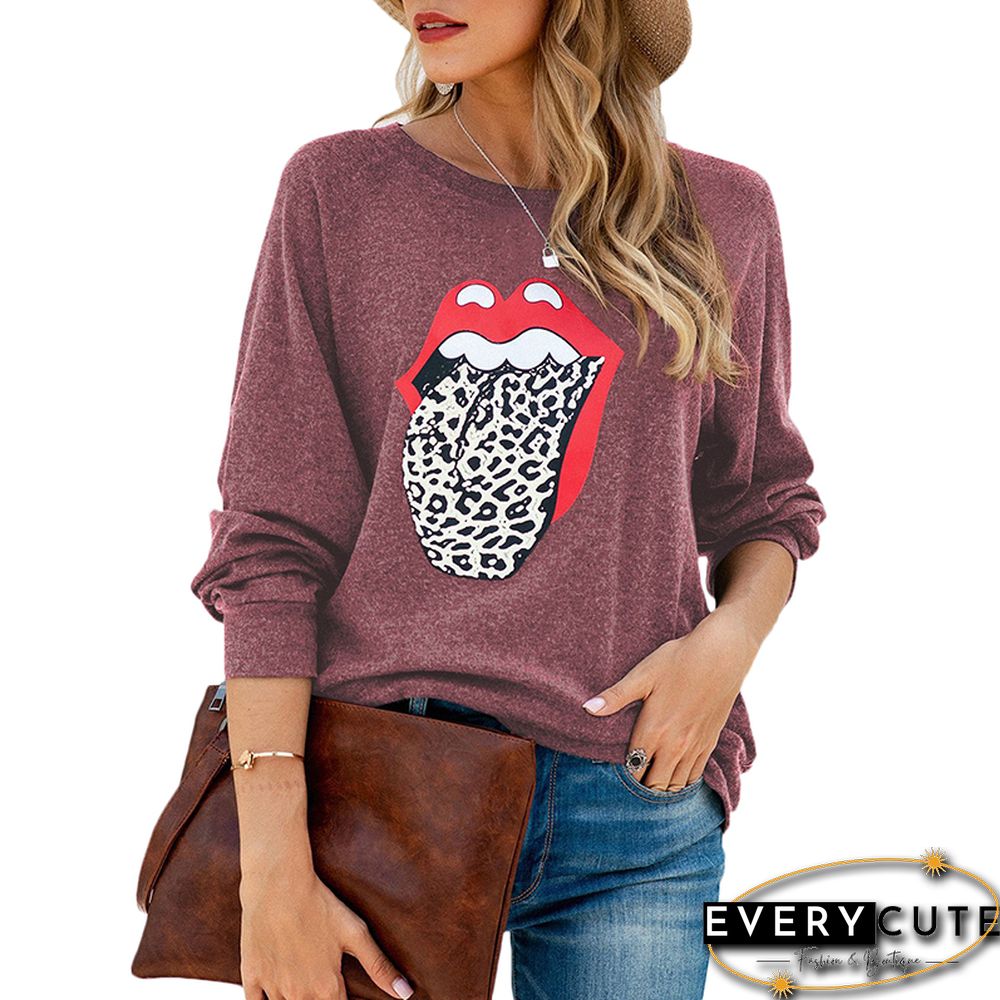 Rust Red Leopard Lip Print Long Sleeve Sweatshirt
