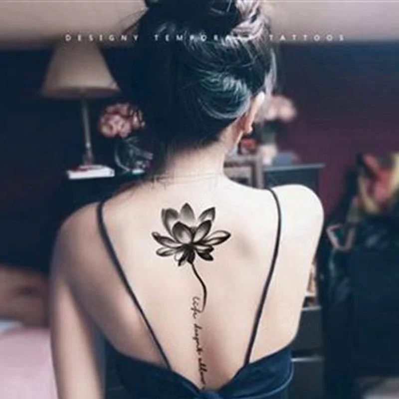 Black Lotus Totem Tattoo Stickers Waterproof Lasting Temporary Tattoo Sanskrit Art Fake Tattoo Back Arm Sexy Tattoos for Women