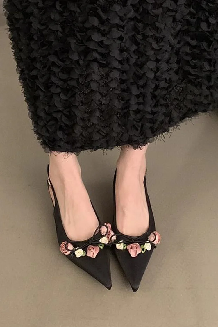Flowers Decor Bowknot Pointy Toe Slingback Strap Kitten Heels-Black