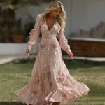 Women's Pink Rose Embroidered Art V-neck Midi Dress - Image 2