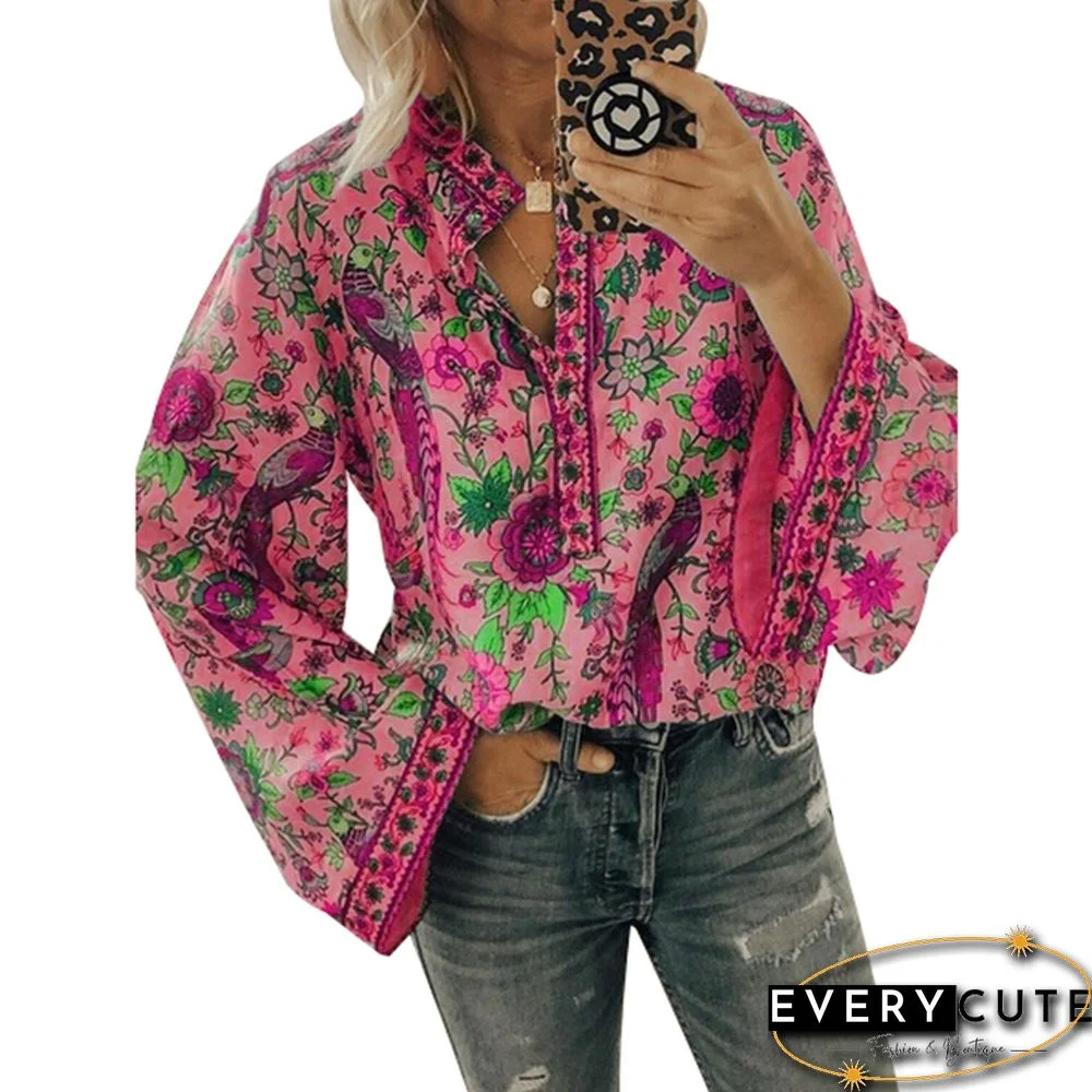 Rosy Peacock Print Long Sleeve Blouse