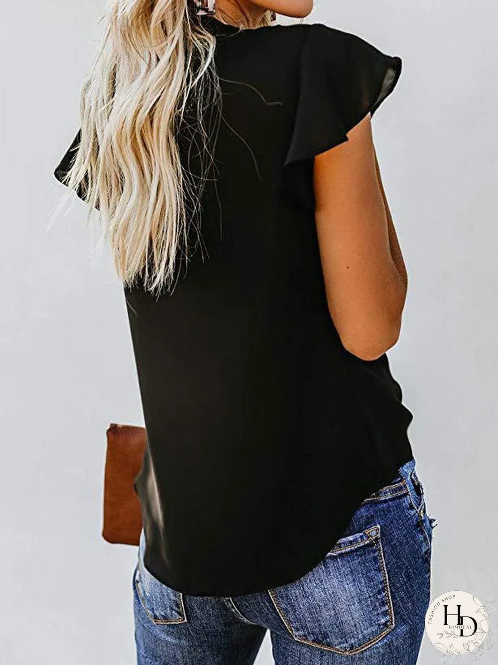 Women'S Blouses V-Neck Buttoned Ruffle Sleeves Chiffon Blouse