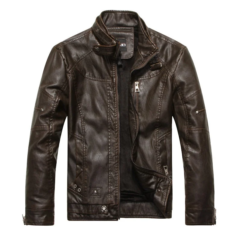 Men's Stand Up Collar Plus Velvet Leather Jacket